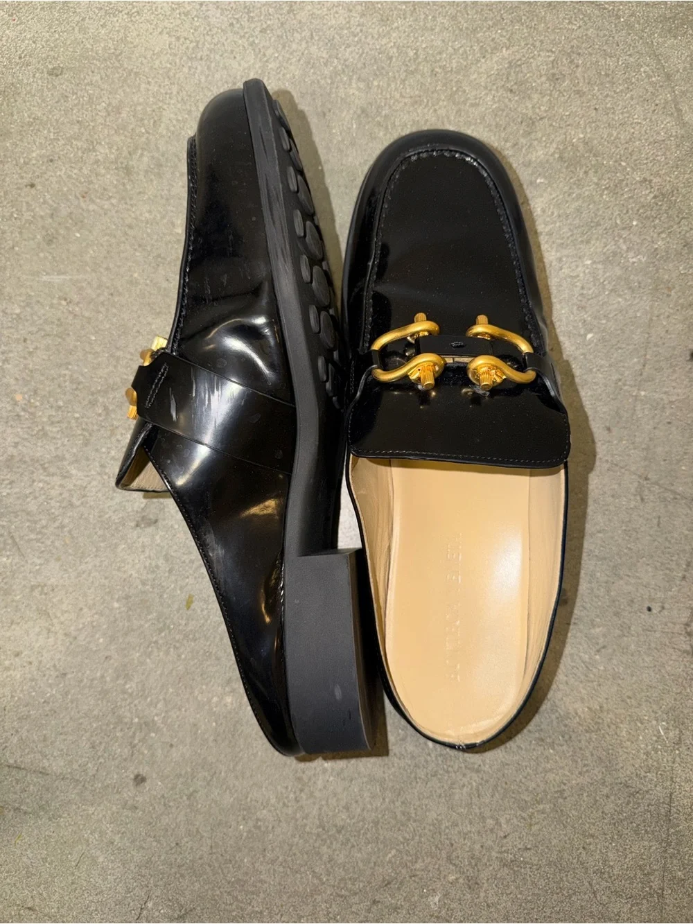 Bottega Veneta Black Leather Slip-On Loafers with Gold Hardware
